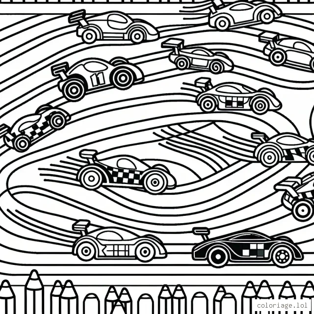 Imagine une voiture de course colorée zigzaguant à pleine vitesse autour d'un circuit rempli de voitures concurrentes.