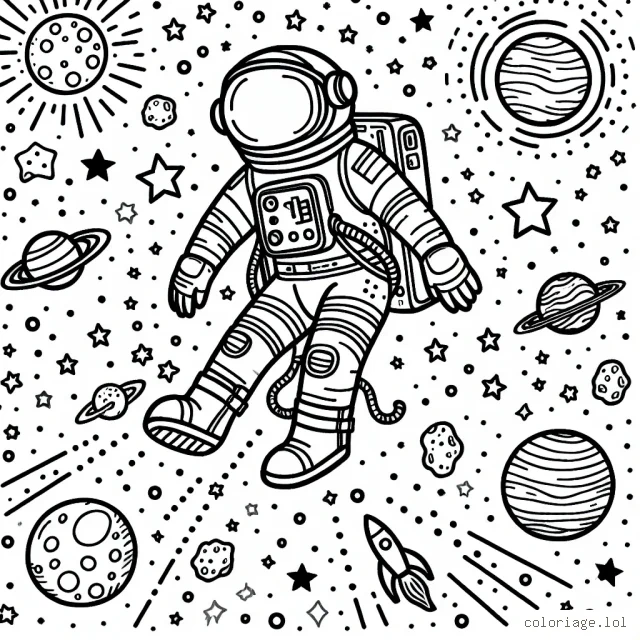 Un astronaute navigue dans l'espace, entouré de planètes, d'étoiles et de comètes.