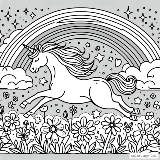 Merveilleuse licorne courant dans un champ de fleurs avec un arc-en-ciel dans le ciel étoilé