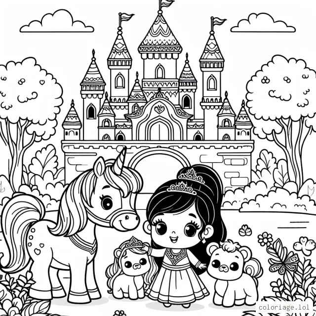 Un beau château de princesse au cœur d'un royaume enchanté avec une mignonne petite princesse et ses adorables animaux