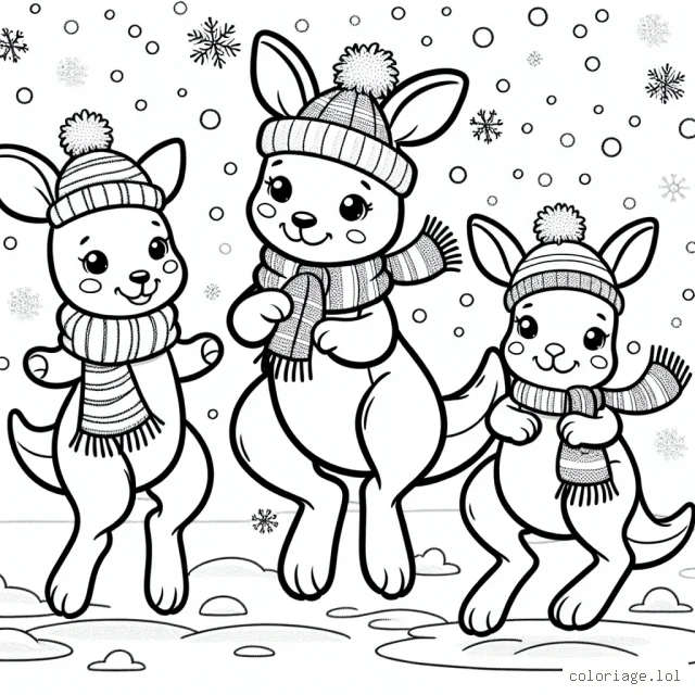 Un groupe de kangourous, portant des écharpes et des bonnets, sautent gaiement sous la neige d'un hiver australien.