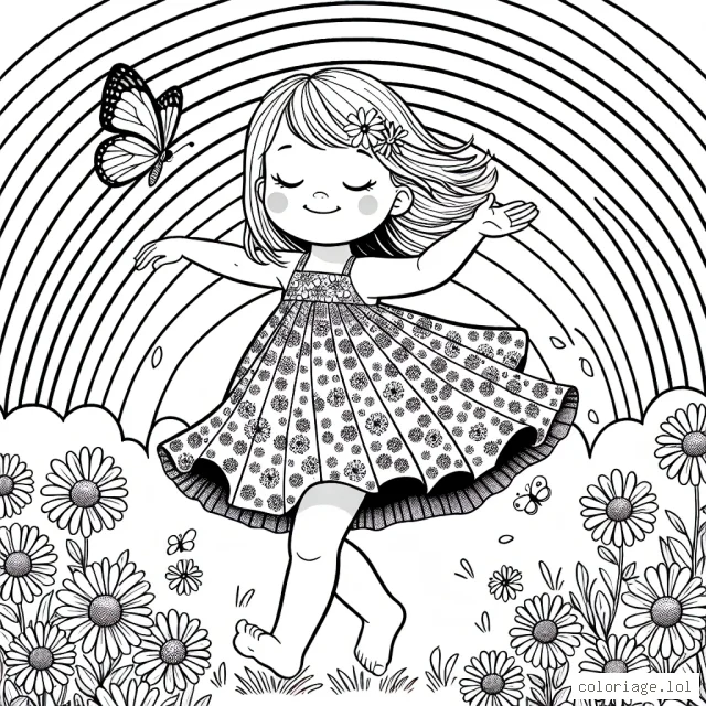 Une petite fille vêtue d'une robe fleurie danse dans un champ de marguerites sous un arc-en-ciel vibrant avec un petit papillon flottant à côté d'elle.
