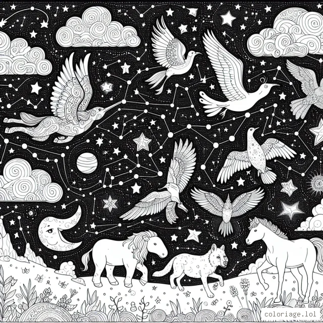 Un monde d'animaux qui volent sous un ciel étoilé rempli de constellations