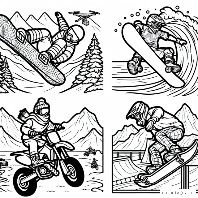 Aventures sportives extrêmes : un snowboarder audacieux faisant un saut périlleux sur une montagne enneigée, un surfeur courageux surfant sur une vague énorme, un intrépide motocross rider s'attaquant à un parcours accidenté et un skateur aérien exécutant un trick audacieux sur un skatepark.