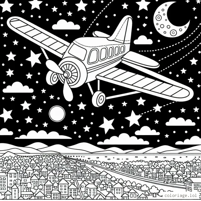 Imagine un avion traversant le ciel étoilé tandis que la lune est pleine ! Utilise des couleurs vives pour remplir les ailes de l'avion, le corps, l'hélice et le train d'atterrissage. Pour le ciel, choisis les teintes les plus éclatantes de bleu. Sans oublier les étoiles scintillantes et la lune brillante. Prends soin de détailler l'horizon illuminé par la lueur de la lune. Imagine également que l'avion passe au-dessus d'une ville illuminée pendant la nuit. Pour la ville, utilise les couleurs de ton choix pour éclairer les maisons, les bâtiments et les rues.