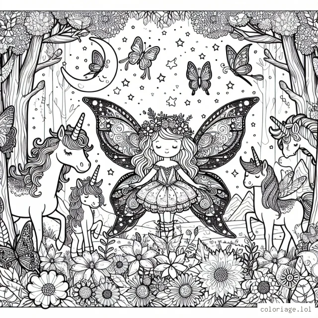 Le prompt de coloriage propose une scène féerique enchantée, au milieu d'une forêt magique où une petite fée aux ailes incroyablement détaillées est entourée de ses amies, les licornes, les papillons colorés, les oiseaux chanteurs et les fleurs chatoyantes. Cette image étonnante de fantaisie et d'imaginaire suscitera beaucoup d'excitation chez les jeunes coloristes.