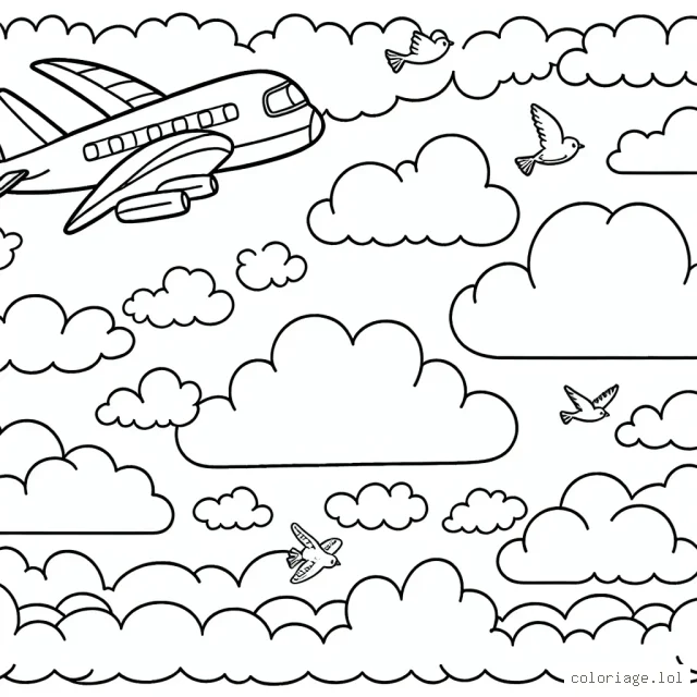 Imagine un avion volant au-dessus des nuages, avec des oiseaux qui l'accompagnent dans le ciel. L'avion, les nuages et les oiseaux doivent être colorés.