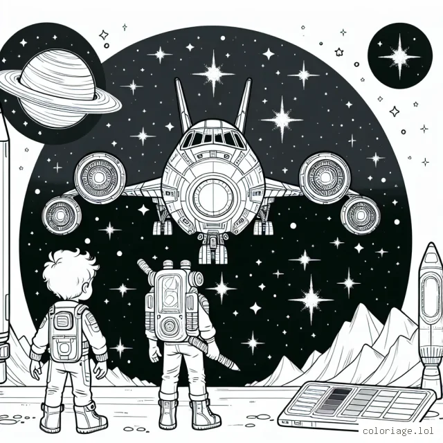 Un petit garçon courageux se tient devant une grande machine spatiale, prêt à décoller pour une aventure intergalactique. Les étoiles brillent autour en promesse d'une incroyable épopée. Un robot compagnon se tient à ses côtés, partageant son excitation.