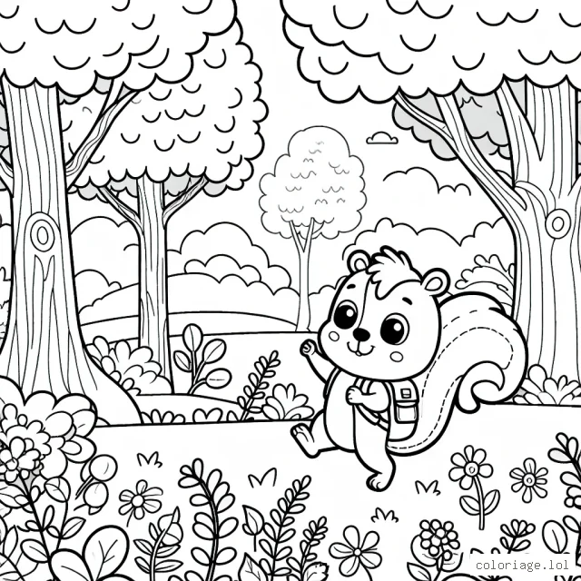 Un petit écureuil aventureux voyageant à travers une forêt enchantée, avec des arbres qui semblent danser et des fleurs qui sourient