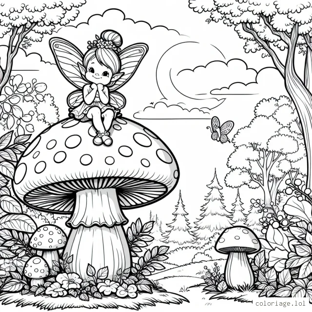 Une petite fée assise sur un champignon géant au milieu d'une clairière enchantée