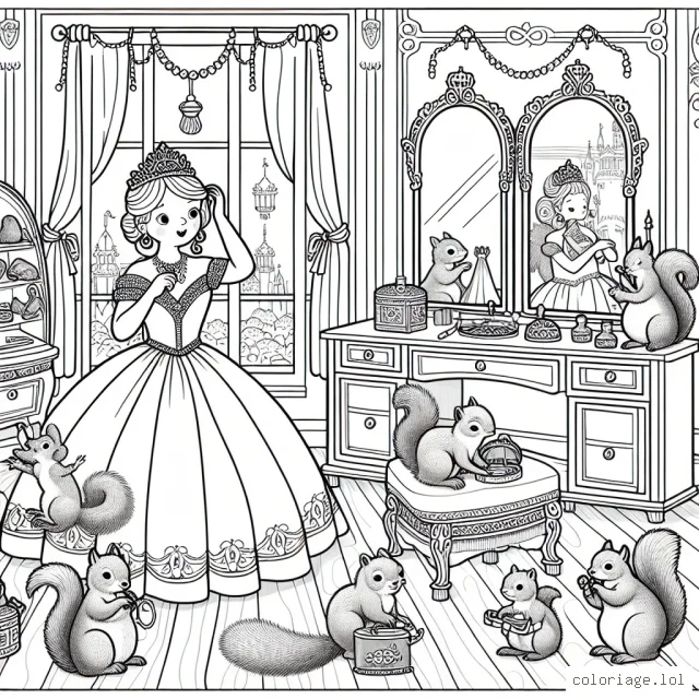 Une princesse qui se prépare pour le grand bal dans son royaume, entourée de ses servantes animaux