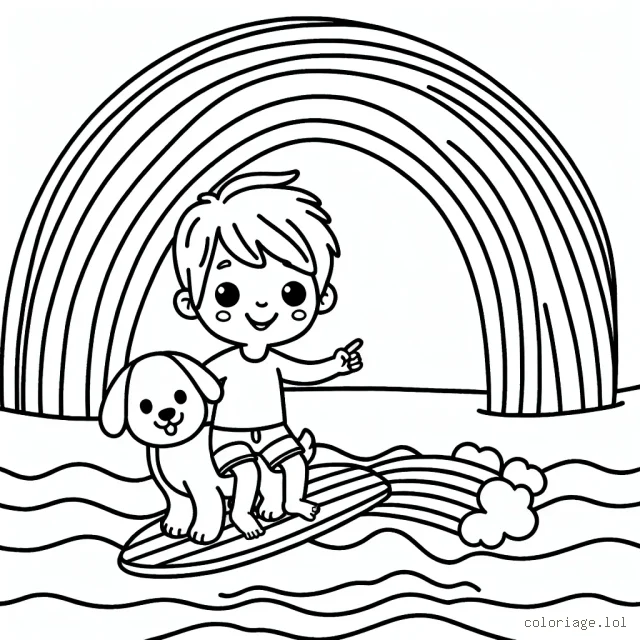 Un petit garçon surfe sur l'arc-en-ciel avec son chien