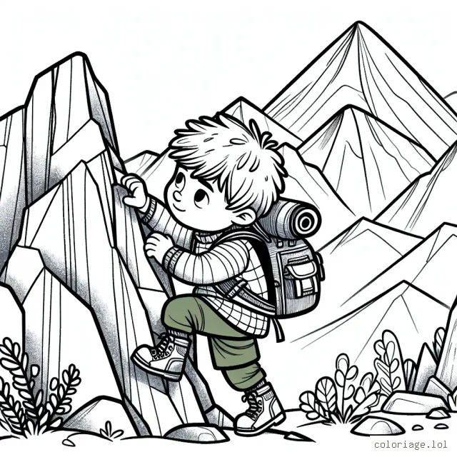 Un petit garçon courageux tente de grimper sur une haute montagne, équipé d'un sac à dos, vêtu de vêtements chauds et dégageant une attitude audacieuse.