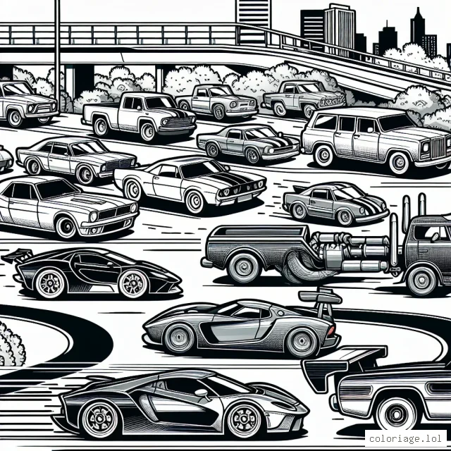 Un défilé dynamique de voitures de différentes époques et de différents types sur une route animée. Des voitures de sport, des voitures classiques, des camions, des voitures de course et même des voitures conceptuelles futuristes sont tous présents.