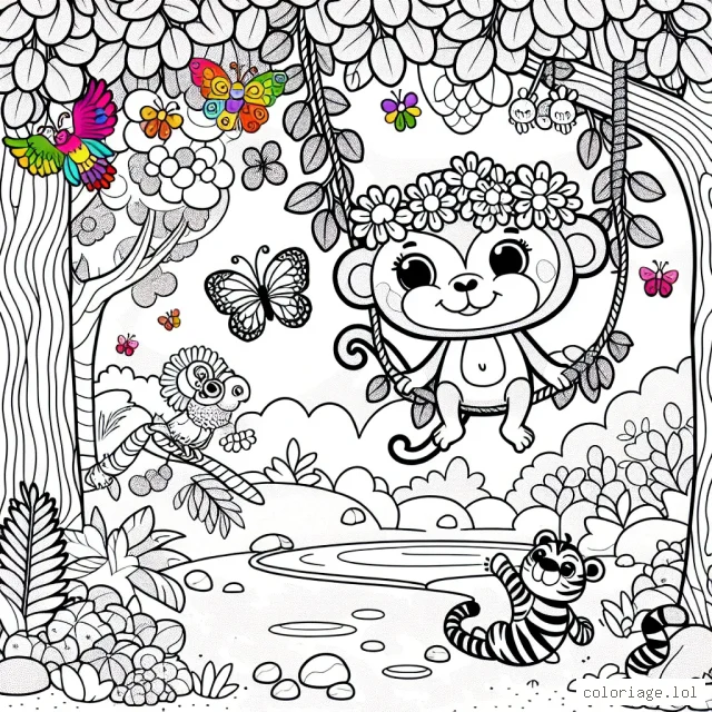 Dans une jungle d'arbres doux et lumineux, un petit singe malicieux se balance sur une liane de vigne. Il porte une couronne de fleurs, à chaque bout de sa liane se trouvent des papillons multicolores. Dans les arbres, des perroquets chatoyants en plein chant, des fruits débordants de couleurs vives à déguster. En bas, un paisible ruisseau bordé de pierres brillantes. A proximité, un tigre facétieux joue avec un ruban arc-en-ciel.
