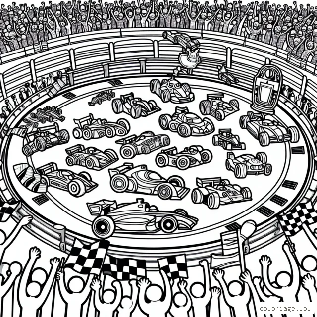 Une grande course effrénée de voitures sur une piste circulaire avec un public diversifié qui les encourage. Les voitures ont des formes et des détails variés permettant une large palette de couleurs. Au milieu de la piste, on peut voir le trophée qui attend le grand gagnant.