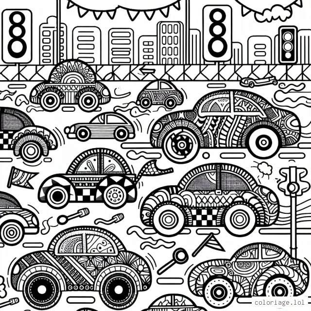 Dessine une course épique de voitures colorées à travers une ville animée, où chaque voiture a des motifs uniques qui la rendent spéciale. Fais preuve de créativité en ajoutant des panneaux de signalisation, des feux de circulation, des animaux et des gens pour donner vie à la scène.