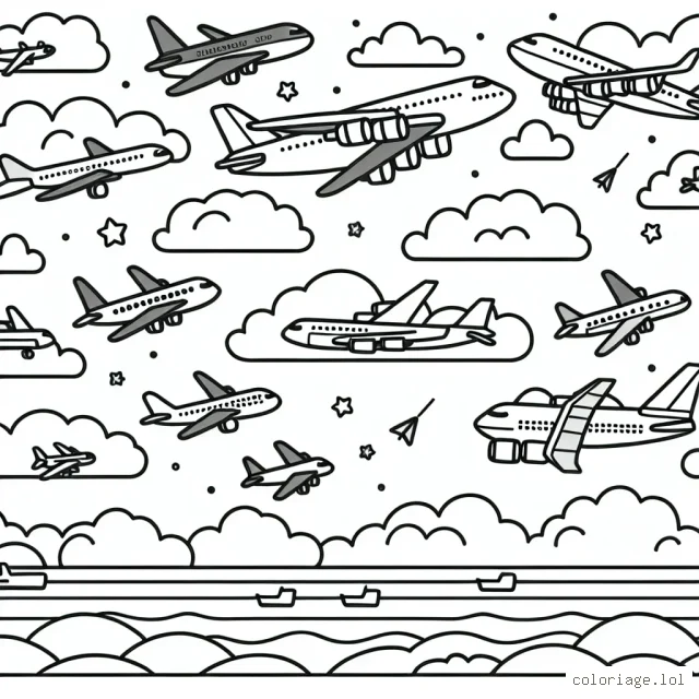 Un ciel rempli d'avions volants de différents types et tailles