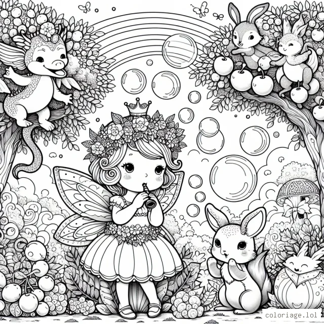 Une petite princesse avec une couronne de fleurs est assise dans un jardin enchanté entourée d'animaux féeriques comme un petit dragon qui souffle des bulles, un lapin avec un chapeau haut de forme et un renard qui joue de la flûte. Les arbres sont couverts de fruits éclatants de diverses formes et couleurs. Un arc-en-ciel s'étend à l'horizon.