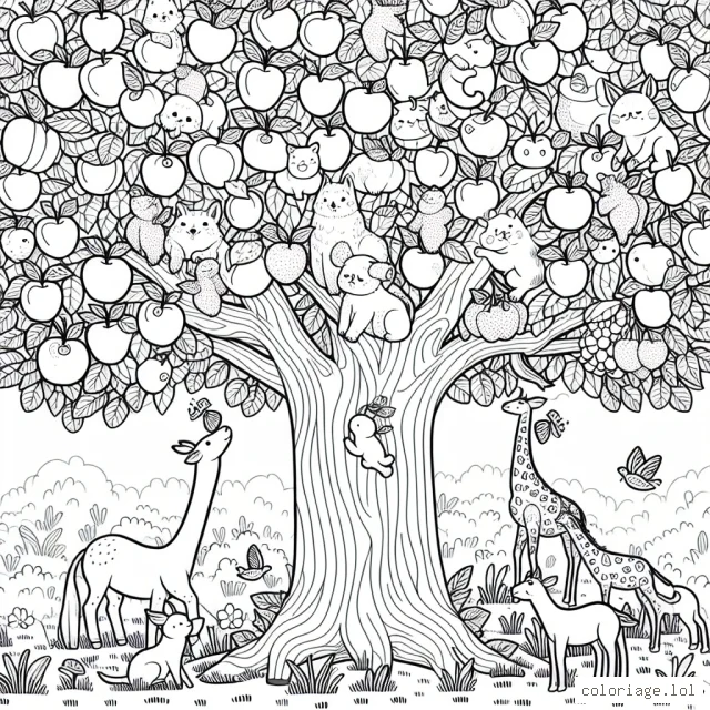 Un grand arbre pleins de fruits divers et variés avec un tas d’animaux qui grimpent pour les cueillir.