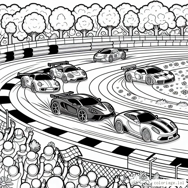 Une course palpitante entre des voitures de sport vives sur une piste de course sinueuse, flanquée d'arbres et de fleurs colorées. Il y a des voitures de différentes formes et tailles, certaines sont classiques et d'autres sont modernes. Il y a aussi des spectateurs enthousiastes sur les lignes de touche qui hurlent de joie.
