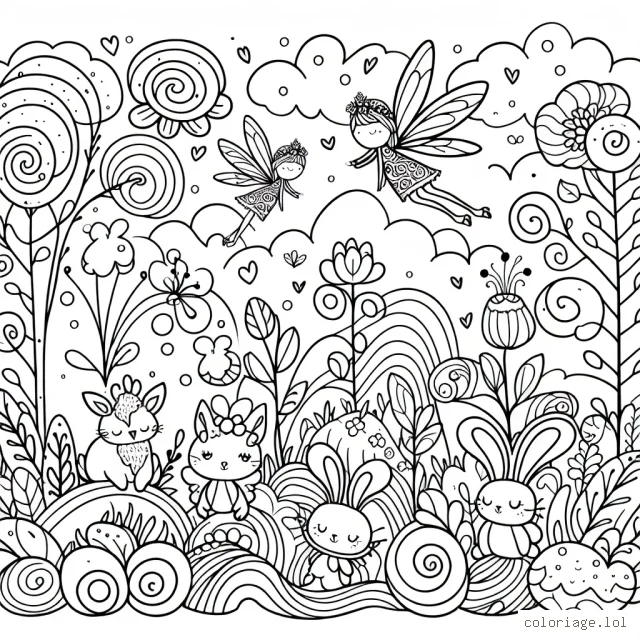 Les fantaisies de la forêt enchantée avec les animaux et les fées.