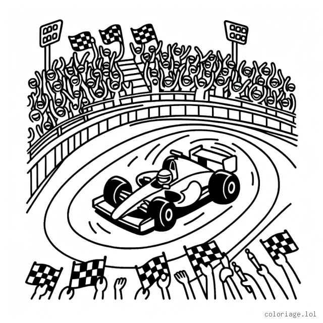 Une scène animée de voitures de course sur une piste, avec une tribune remplie de supporters