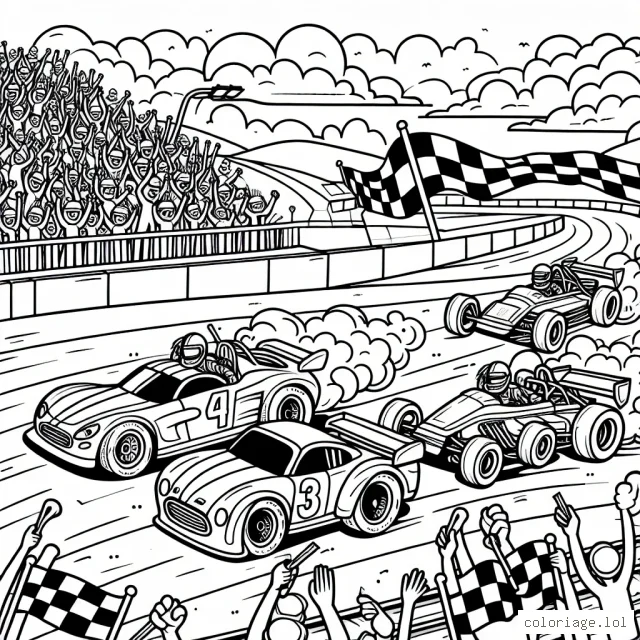 Colorie cette scène animée avec des voitures de course rugissantes sur un circuit bouillonnant d'excitation. N'oublie pas de remplir les tribunes avec des fans en délire. Quant aux voitures, donne-leur des couleurs vives pour réellement les faire ressortir.
