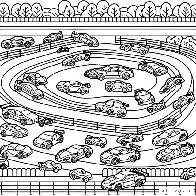Une piste de course animée avec plusieurs types de voitures