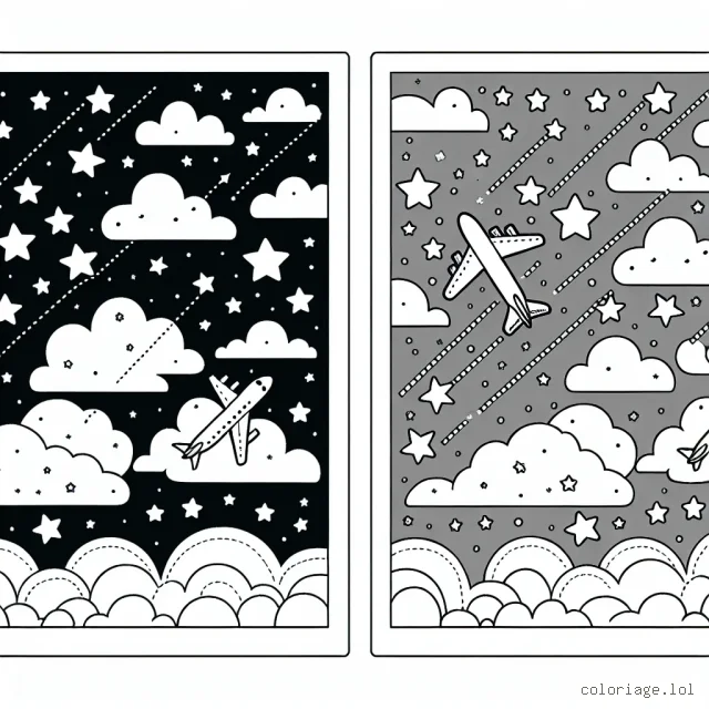 Représente un ciel étoilé rempli d'avions volants en pleine journée