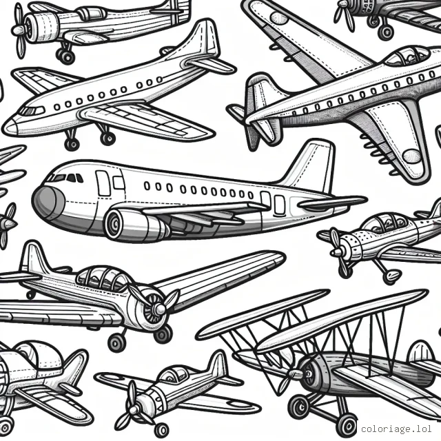 Sur cette page, tu trouveras différents types d'avions à colorier. Des avions de chasse, des avions commerciaux, des avions de passe-temps... ces formidables machines volantes n'attendent que toi pour prendre vie dans ton monde coloré.