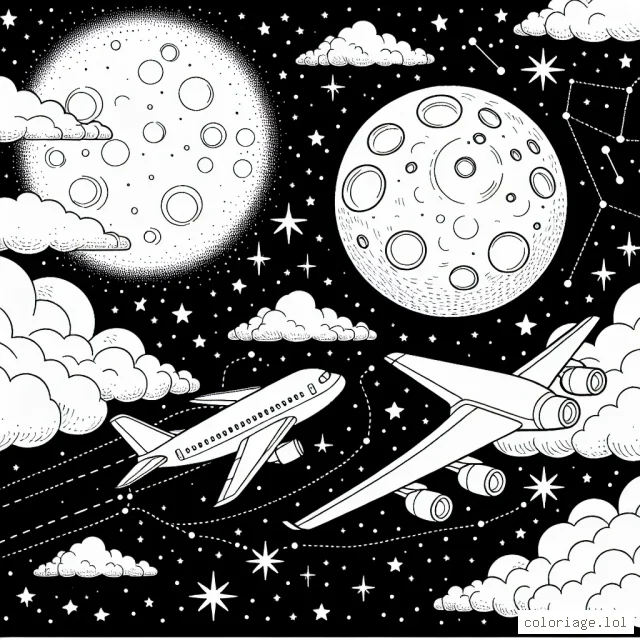 Un avion de voyage traversant le ciel étoilé souhaite être coloré. Il est encadré par une belle pleine lune brillante et des constellations scintillantes. De belles nuées de nuages l'environnent, ajoutant à la beauté de la scène nocturne.