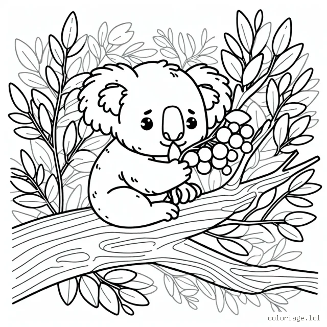 Un koala sur la branche d'un eucalyptus en train de mâcher des feuilles