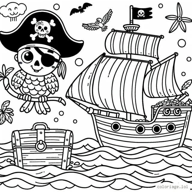 Un adorable petit pirate avec son perroquet coloré, naviguant sur les mers déchaînées à la recherche du trésor perdu. Son navire a tous les détails, comme un grand mât, une voile ornée d'un joli crâne, des canons et bien sûr, un coffre au trésor.