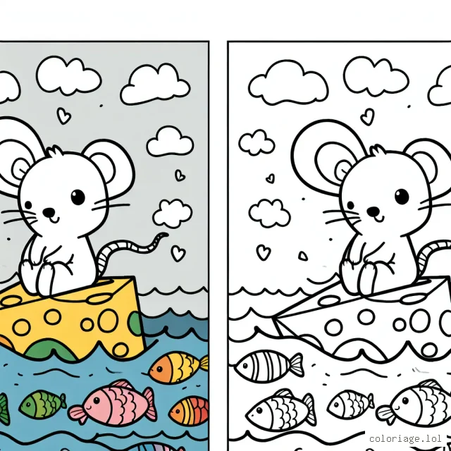 Une petite souris navigue sur un morceau de fromage à travers une mer remplie de poissons multicolores.