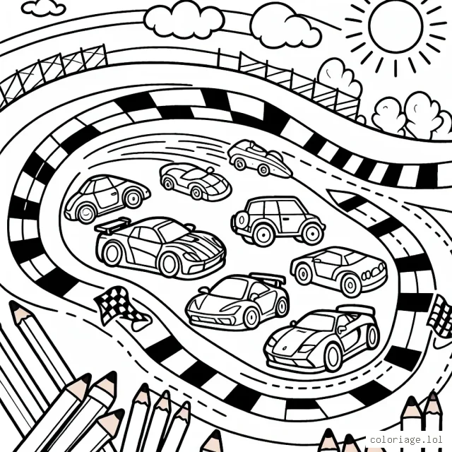 Un circuit de course animé avec différentes voitures de course