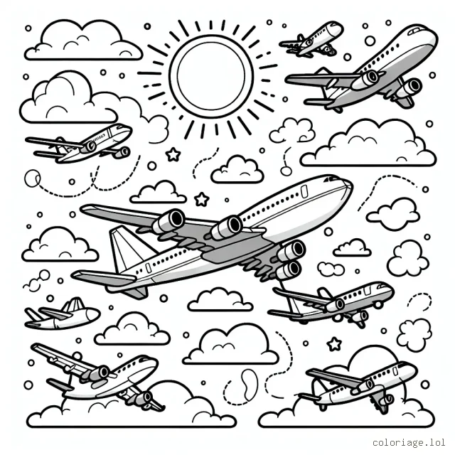 Imaginez une scène aérienne vibrante avec une flotte d'avions de toutes formes et tailles. Certains sont de grands avions de ligne, tandis que d'autres sont de petits avions de sport. Ils volent ensemble dans le ciel clair parsemé de nuages flottants, avec le soleil radieux en arrière-plan.
