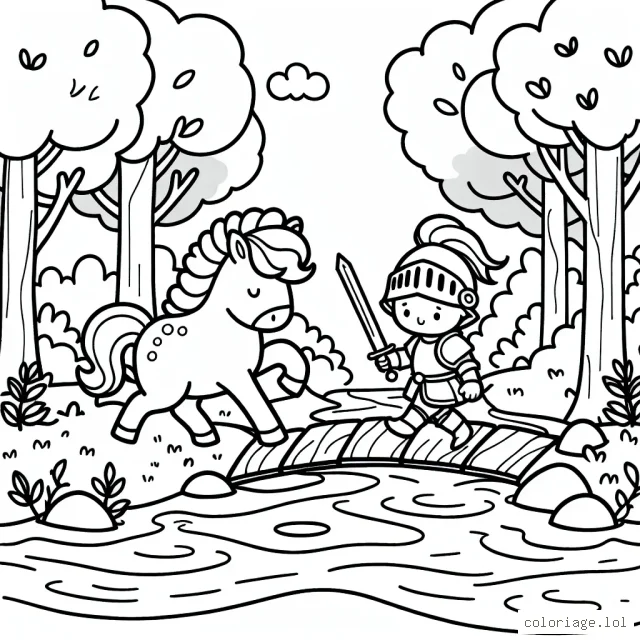 Un petit chevalier courageux surmontant un gué dans une forêt enchantée.