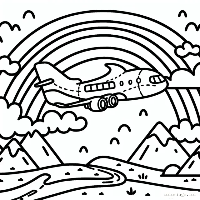 Un avion survolant les montagnes avec un arc-en-ciel dans le ciel
