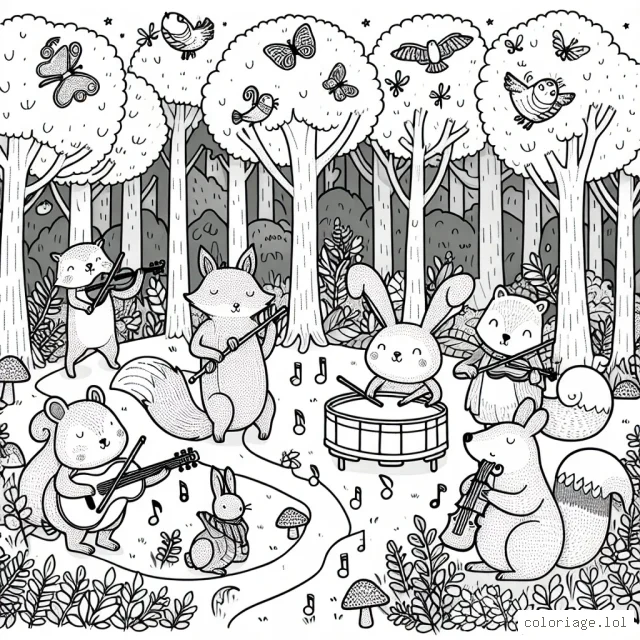 Une forêt enchantée peuplée d'animaux musiciens