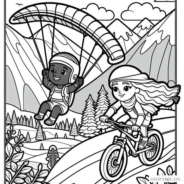 Imagine un scénario épique où une fille sportive fait du parapente au-dessus de montagnes enneigées tandis qu'un garçon s'élance audacieusement en VTT sur des sentiers sinueux.
