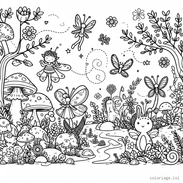 Un jardin féerique peuplé de créatures magiques dans un monde imaginaire
