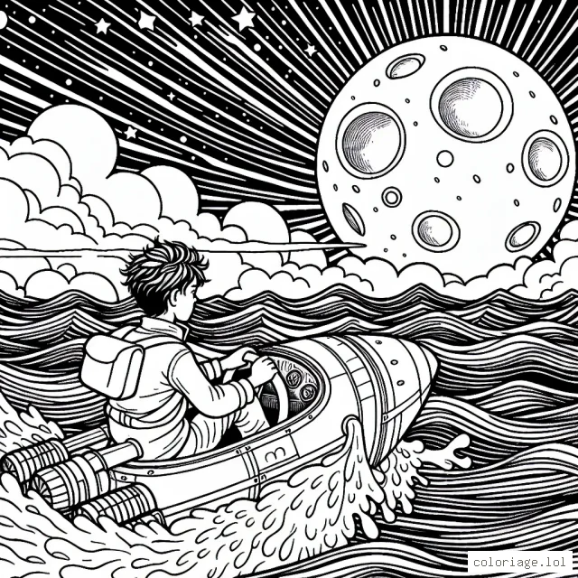 Un petit garçon audacieux naviguant sur une mer agitée à bord de son vaisseau spatial, avec une lune brillante en arrière-plan.
