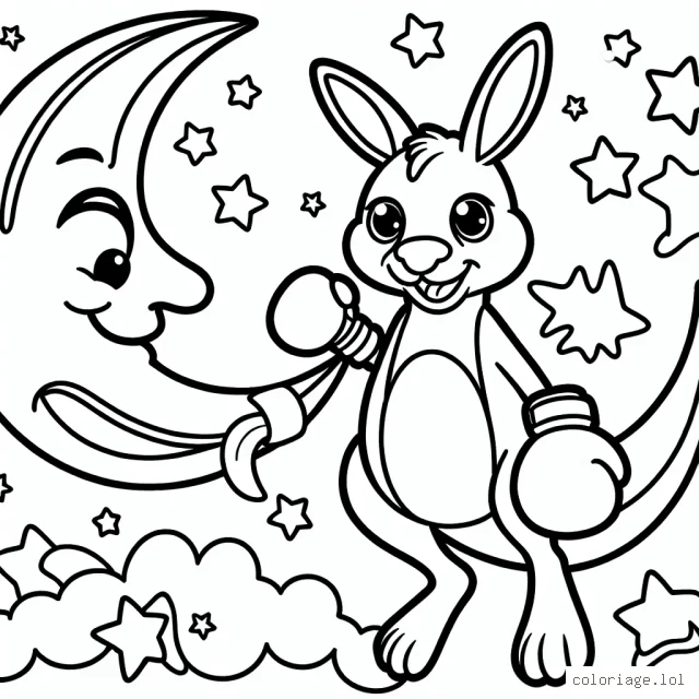 Un kangourou boxeur avec des gants de boxe colorés sautant par-dessus la lune qui sourit et des étoiles qui dansent autour de lui.