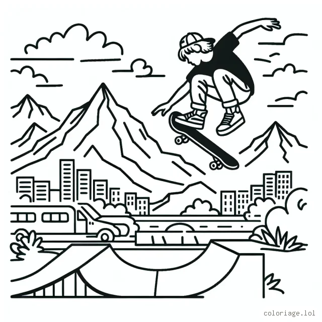 Croquis dynamique d'un skateur effectuant un saut périlleux sur une rampe de skateboard, avec un paysage montagneux et urbain en arrière-plan.