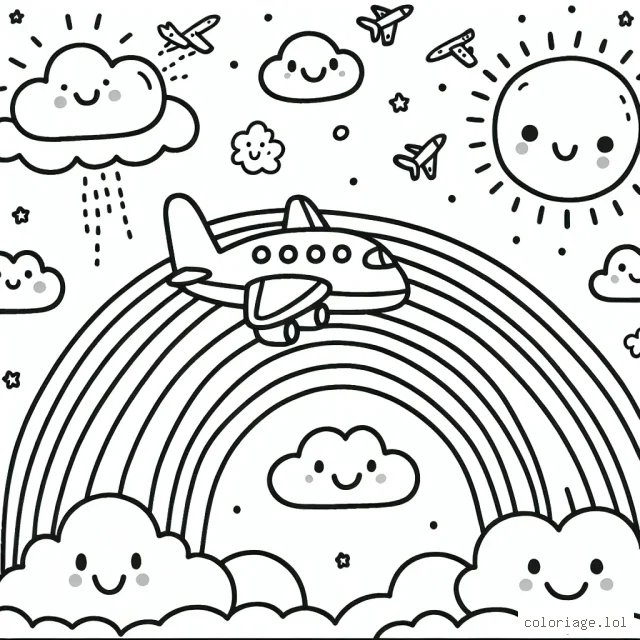 Un avion est en train de voler haut dans le ciel, traversant un arc-en-ciel. Il y a des nuages tout autour, certains ont des visages souriants. Il y a également d'autres petits avions dans le ciel et un soleil souriant les regarde tous.