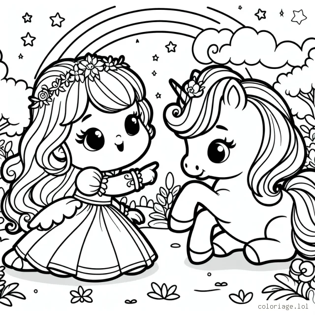 Une petite princesse avec sa licorne dans un jardin enchanté