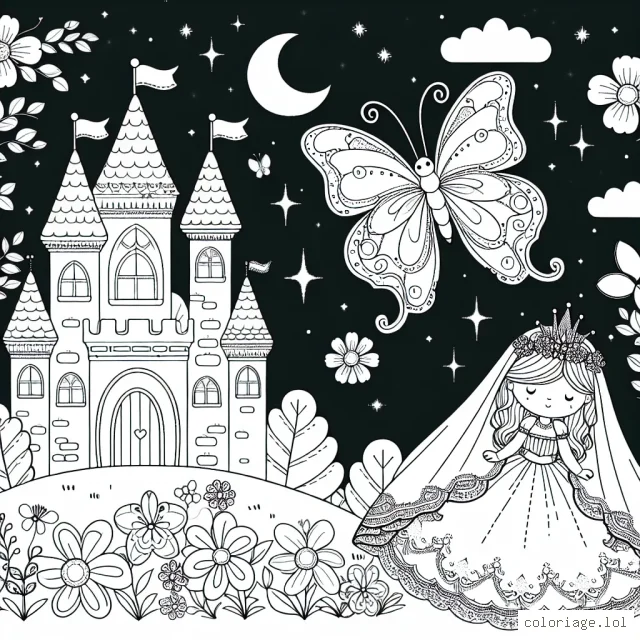 Un magnifique papillon flanqué de belles et délicates fleurs, survolant une petite princesse enrobée de son doux voile royal devant son château scintillant au crépuscule.