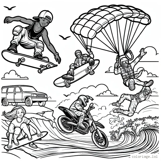 Une scène d'action intense avec un skateur professionnel effectuant un flip dans un parc de skate, un surfeur attrapant une énorme vague, un parachutiste en plein saut et un motard effectuant un saut risqué sur une colline