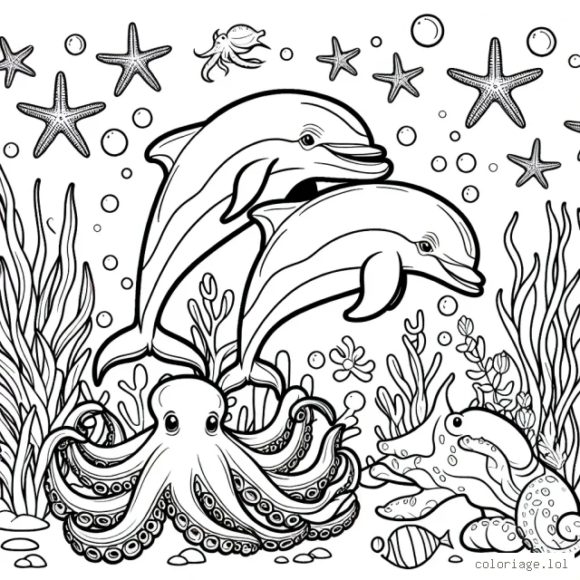 Imagine d'ajouter des couleurs à une scène sous-marine palpitante avec une colonie de dauphins qui jouent avec leur nourriture favorite, la pieuvre et des étoiles de mer adjacentes pour les décorations.